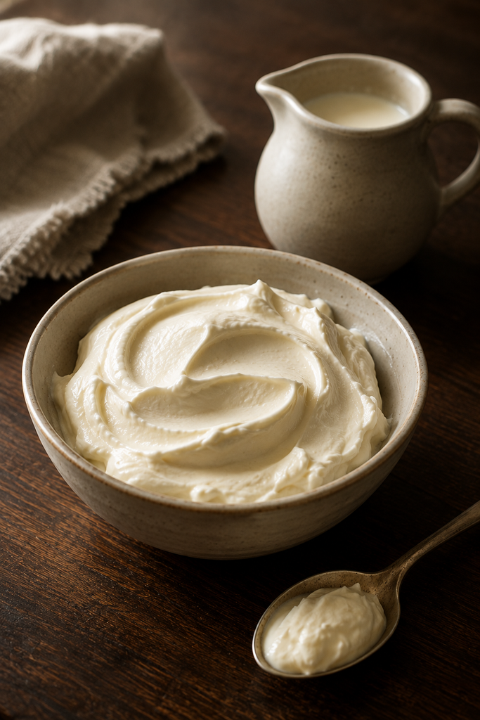 Mascarpone artesanal frío con textura cremosa y sedosa