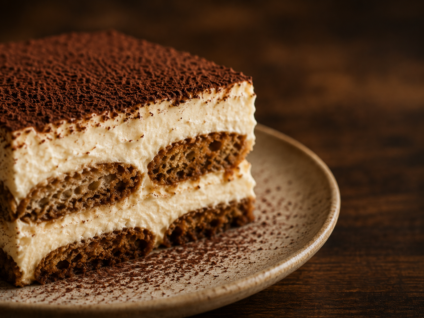 Tiramisú Detalle de las capas de crema de mascarpone, vainillas, café y cacao del Tiramisù