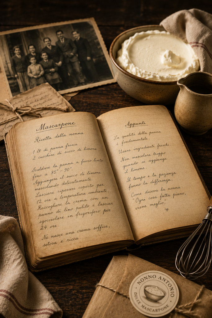 ¿De dónde viene el mascarpone? Antiguo cuaderno de receta familiar de mascarpone junto a una fotografía de familia