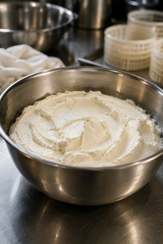 Mascarpone recién elaborado con textura suave antes del reposo en frío