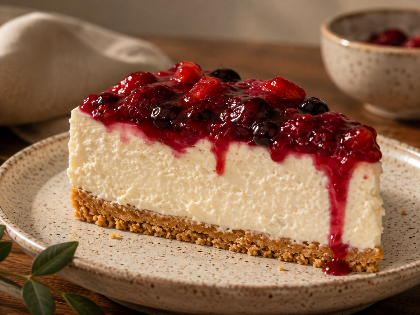 cheesecake-artesanal Porción de cheesecake de mascarpone con cobertura de frutos rojos