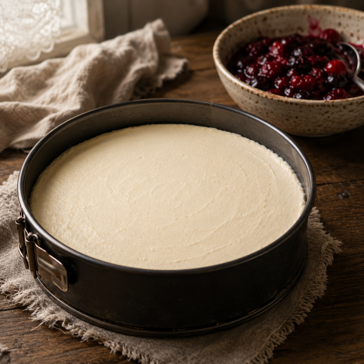 cheesecake-artesanal Cheesecake sin cocción durante su reposo antes de incorporar los frutos rojos