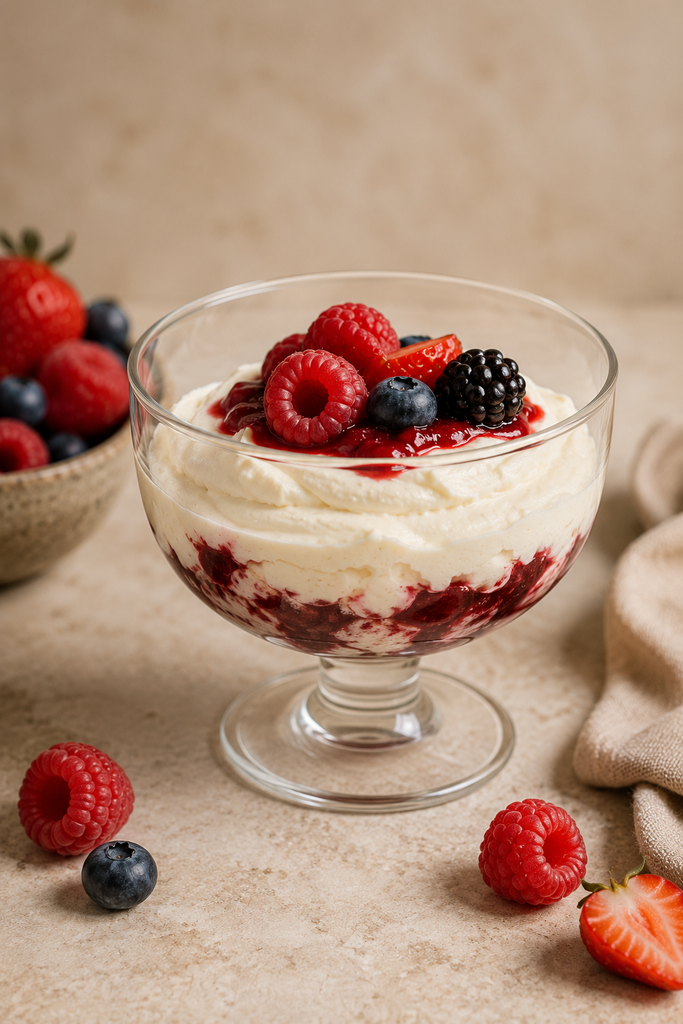 Postre de crema de mascarpone con frutos rojos