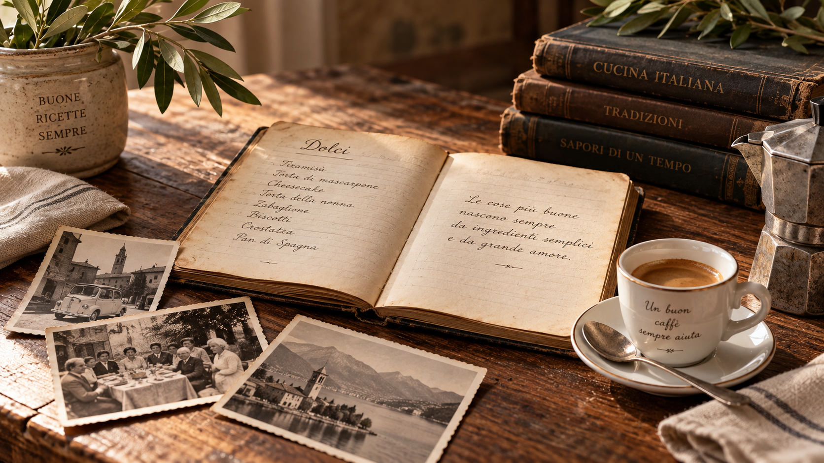 STORIE Cuaderno, fotografías, café y mesa italiana